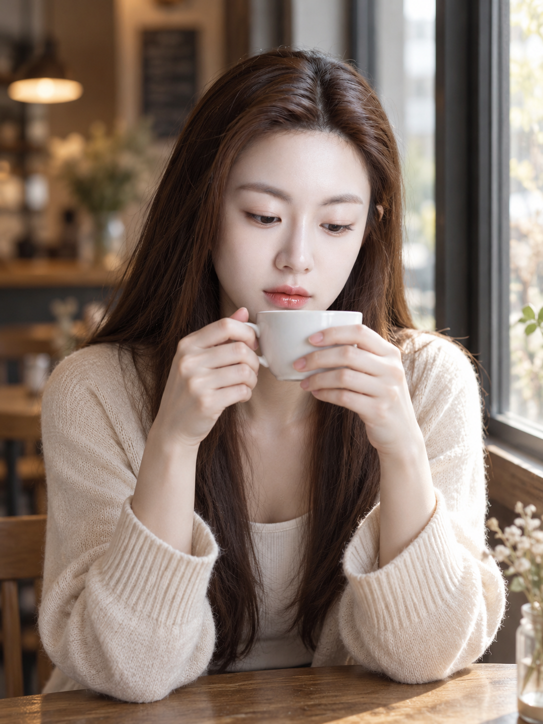 咖啡馆窗边手捧陶杯的静谧肖像