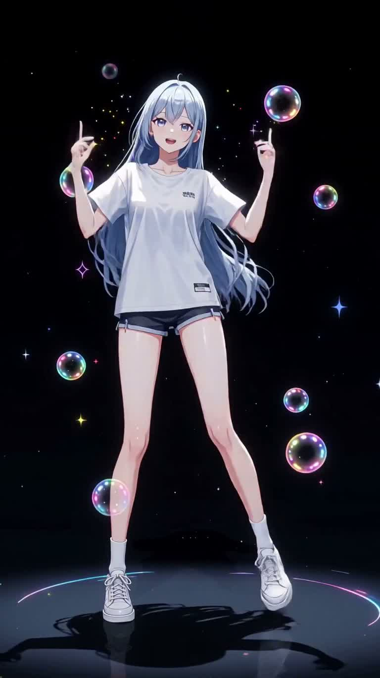 Idole aux cheveux bleus dans des bulles néon