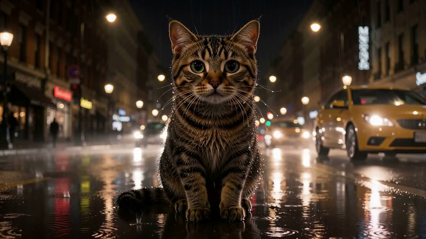 雨夜街心湿猫 — AI video creation