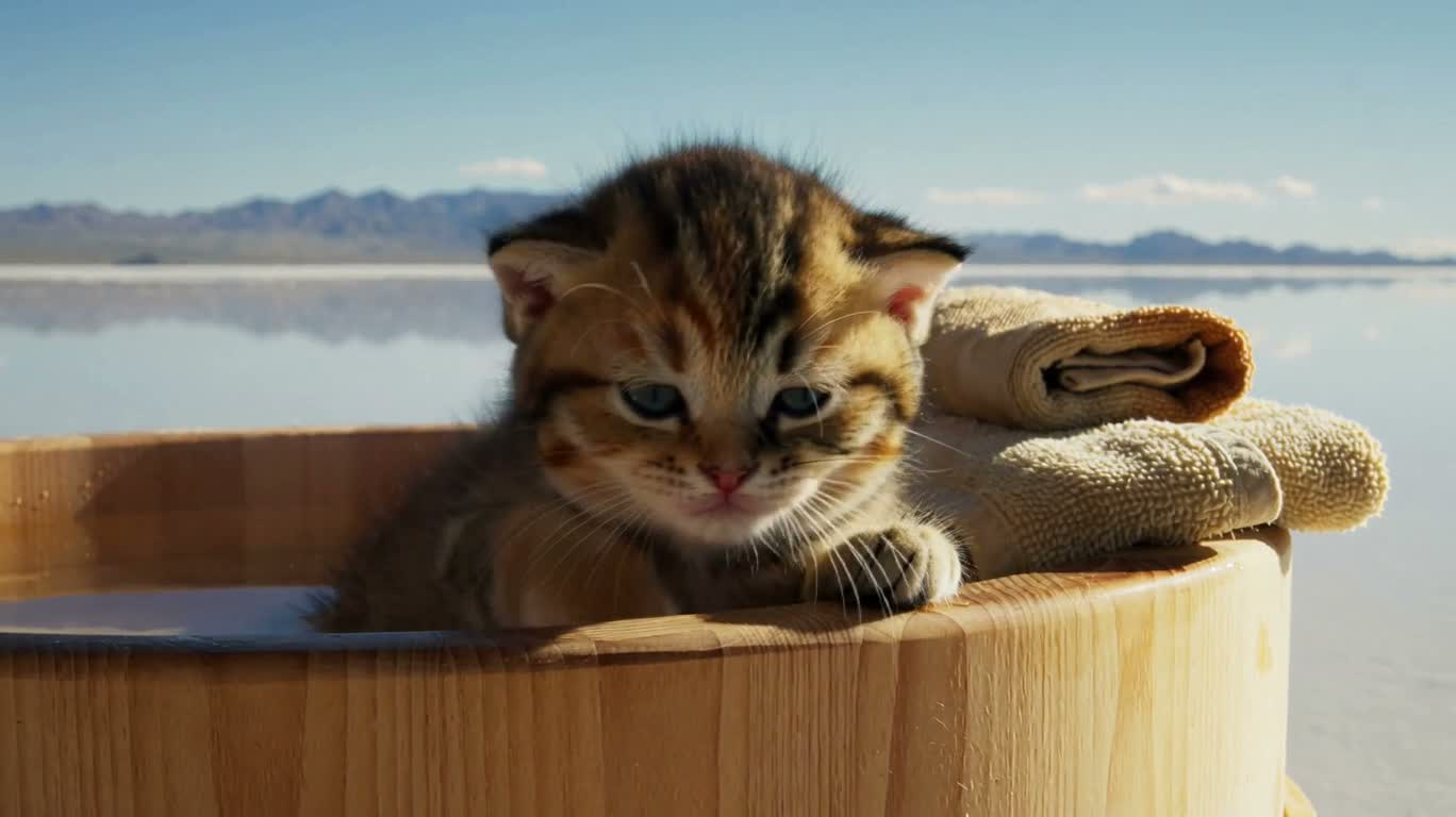 Petit chat tigré dans une source chaude du lac salé