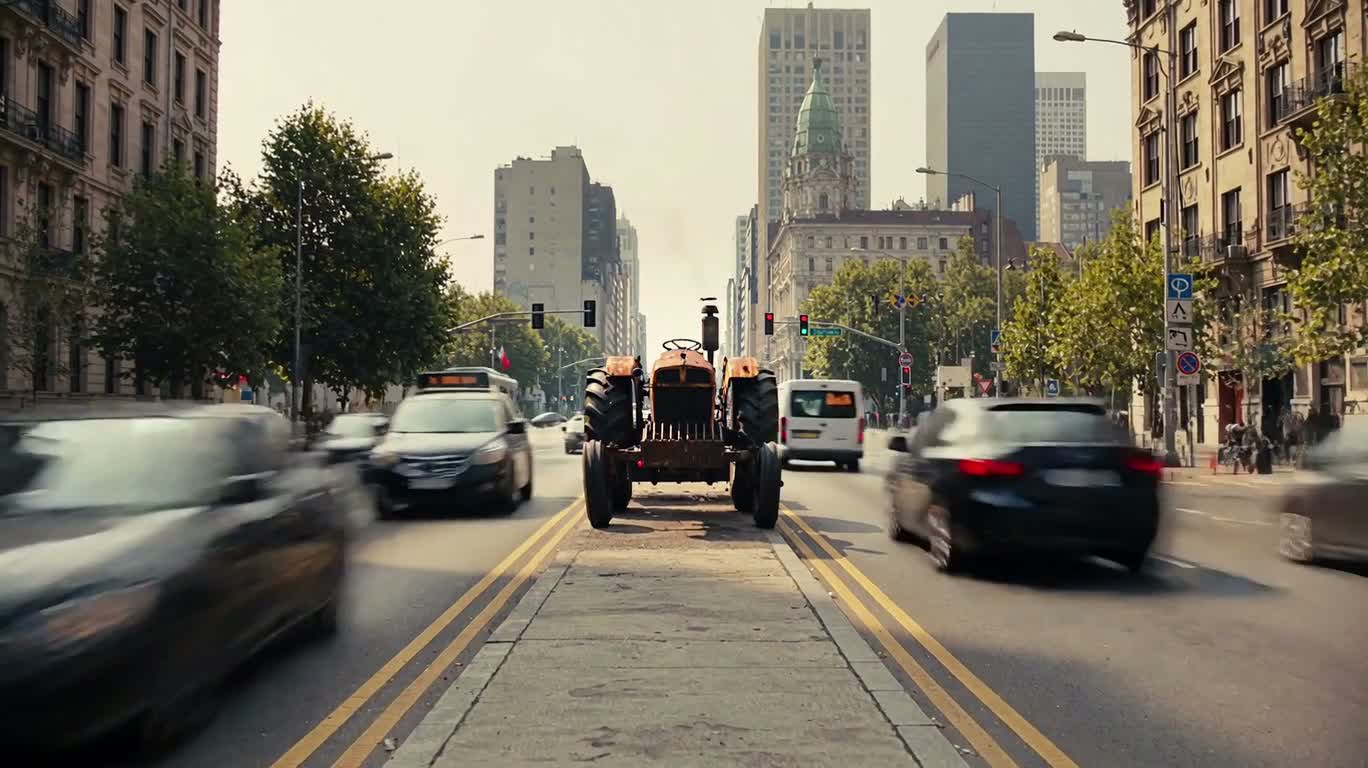 Tracteur rouillé dans une rue animée