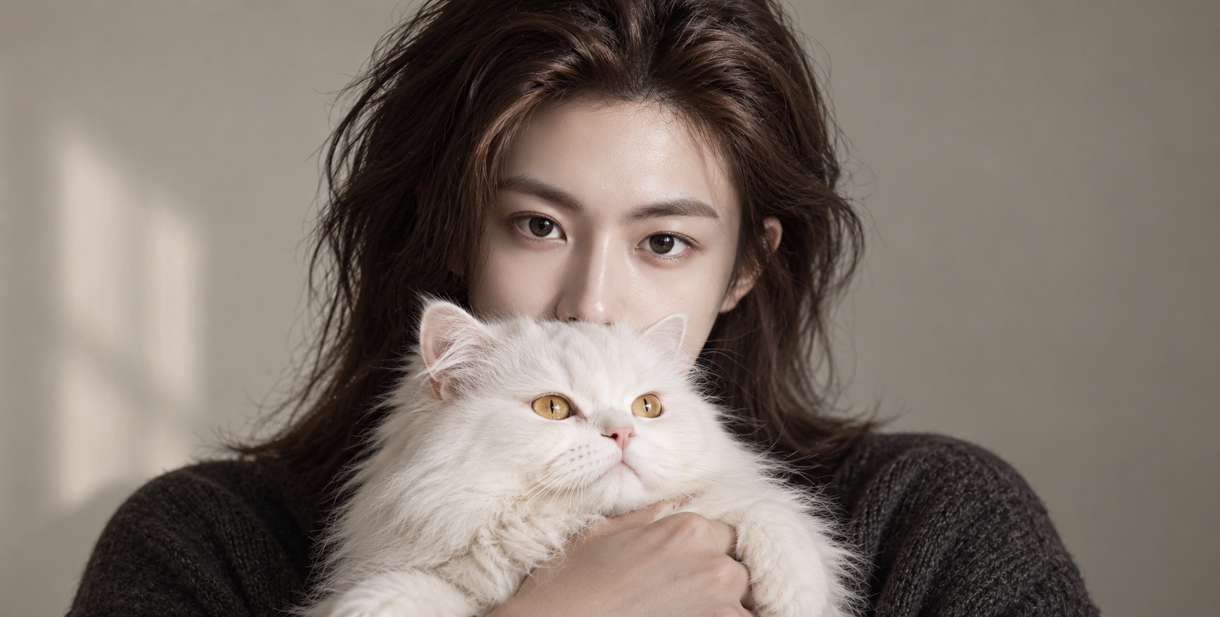 성인 남성과 황금 눈을 가진 흰색 페르시안 고양이의 다정한 근접 사진
