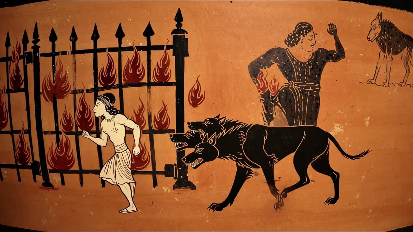 陶土壁画中的三头猎犬