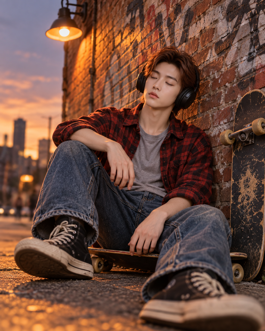 黄昏暖光下闭目沉浸音乐的滑板少年