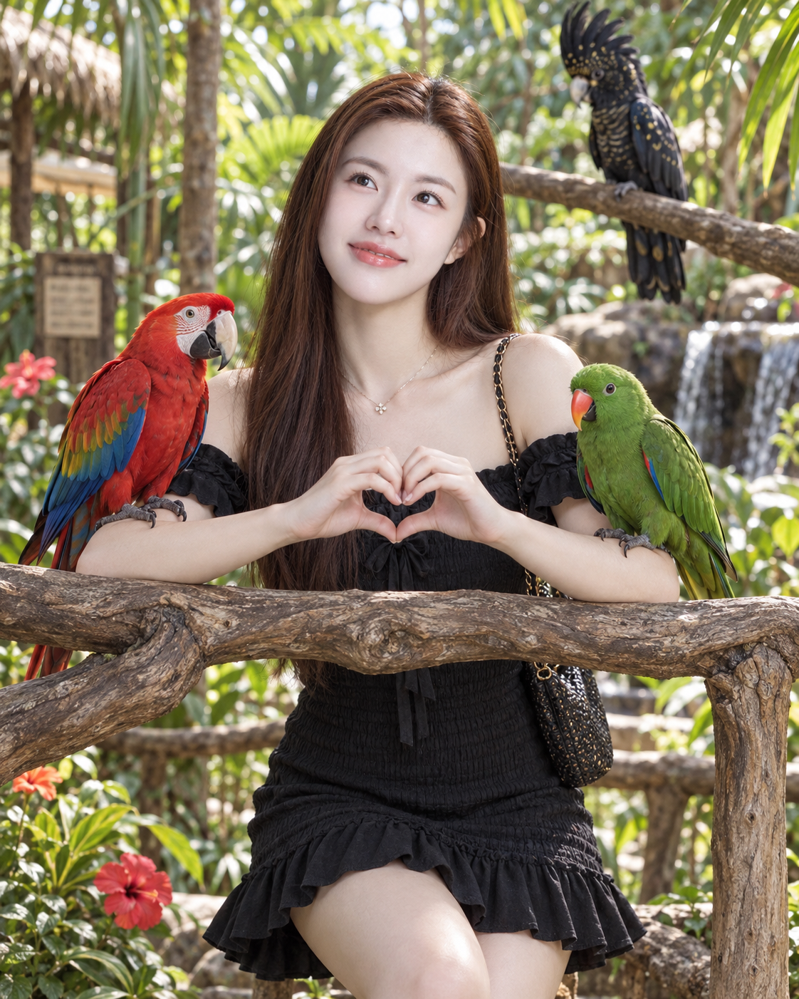 热带鸟园中的微笑女子与三只彩鹦鹉
