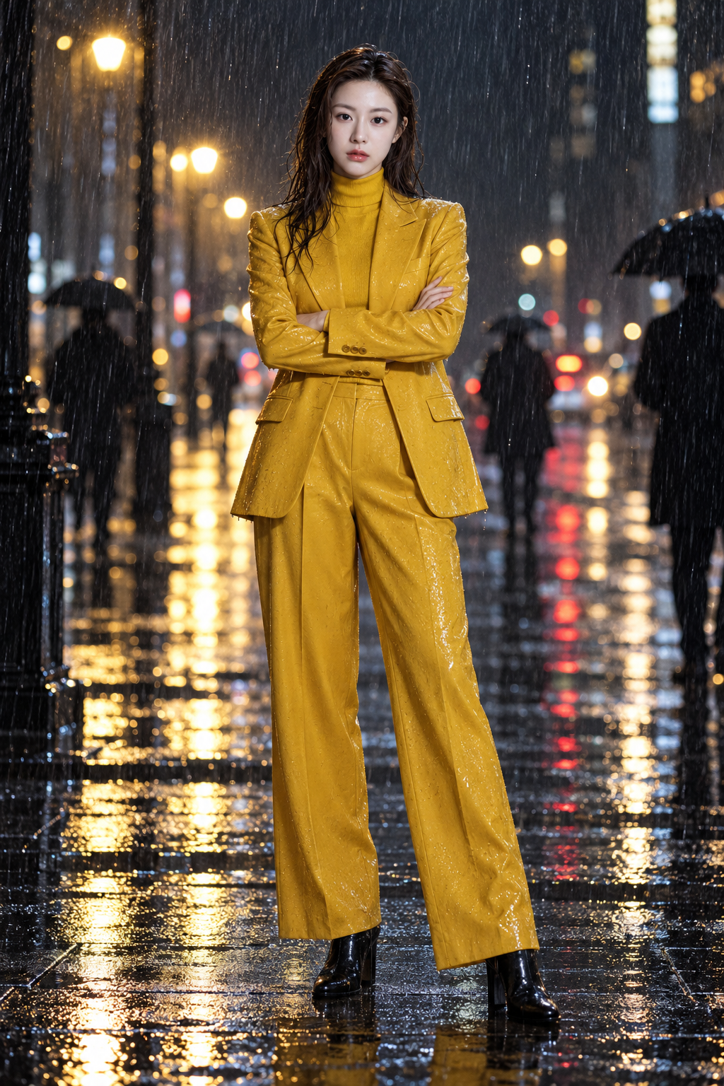 マスタードイエローのスーツの女性と黒いシルエットの雨夜のシネマティックポートレート
