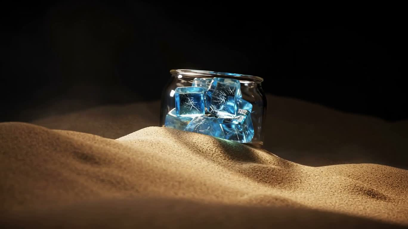 Bocal de cristaux de glace enseveli dans le sable