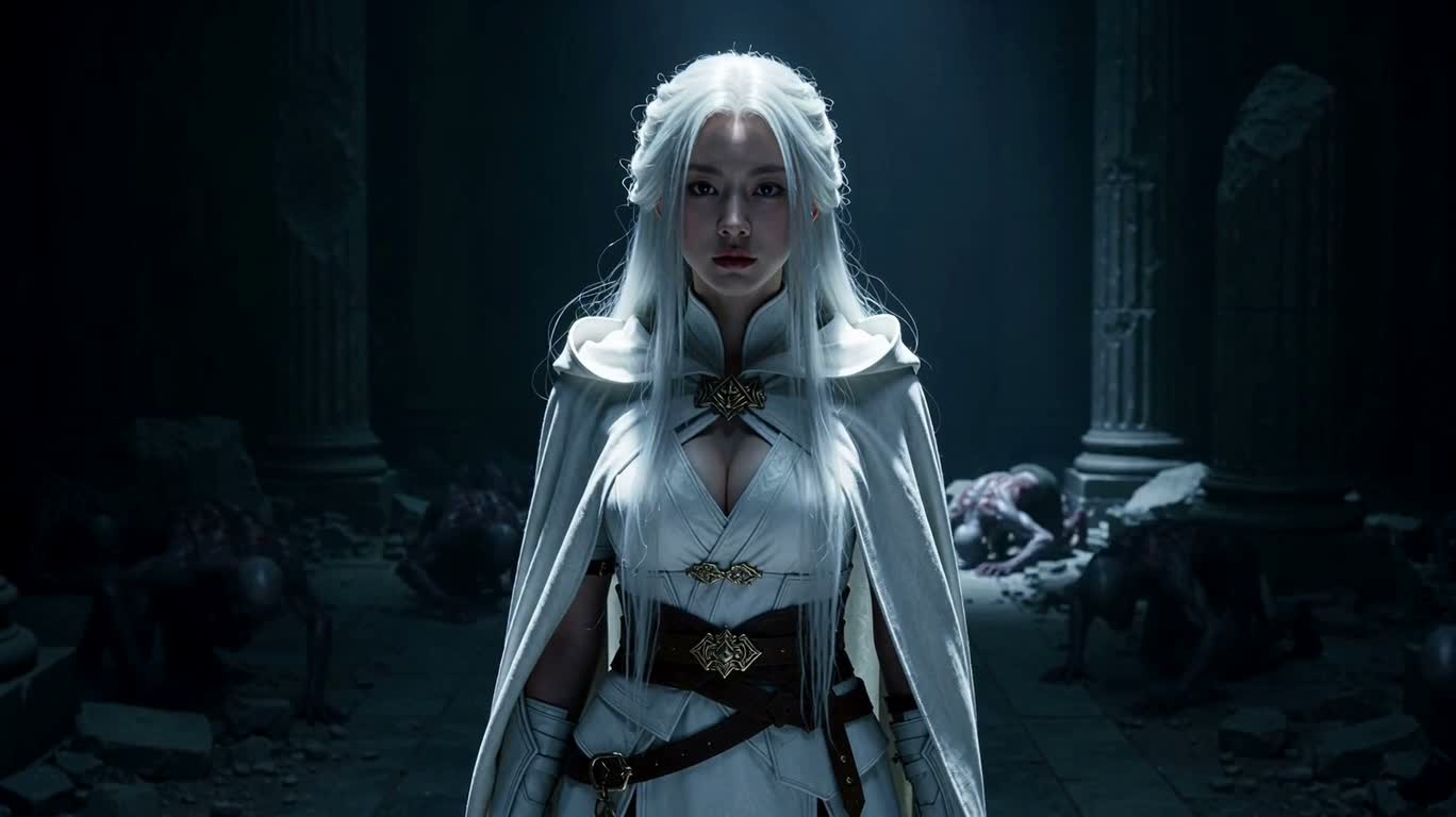 La sainte en blanc embrase la légion des ombres