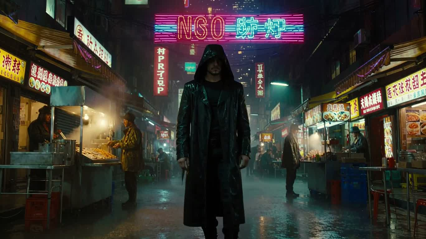 Holographic Hacker in a Neon Rainy Night