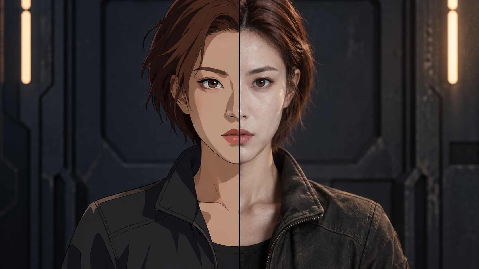 动漫与写实双风格分割肖像 — AI image creation