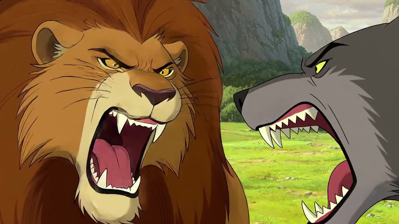 Duel du lion et du loup dans la vallée