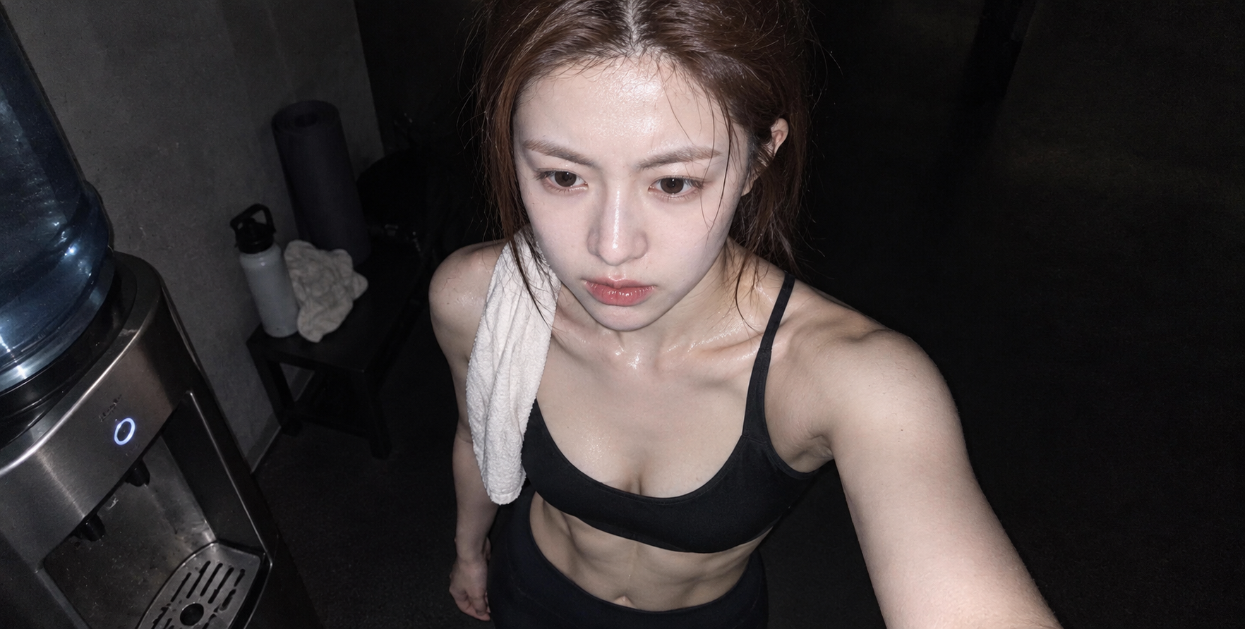 普拉提课后闪光灯下的汗水肌肉