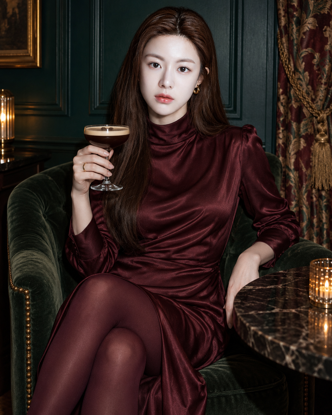 酒红缎裙成年女性的翡翠绿酒吧直闪时尚肖像