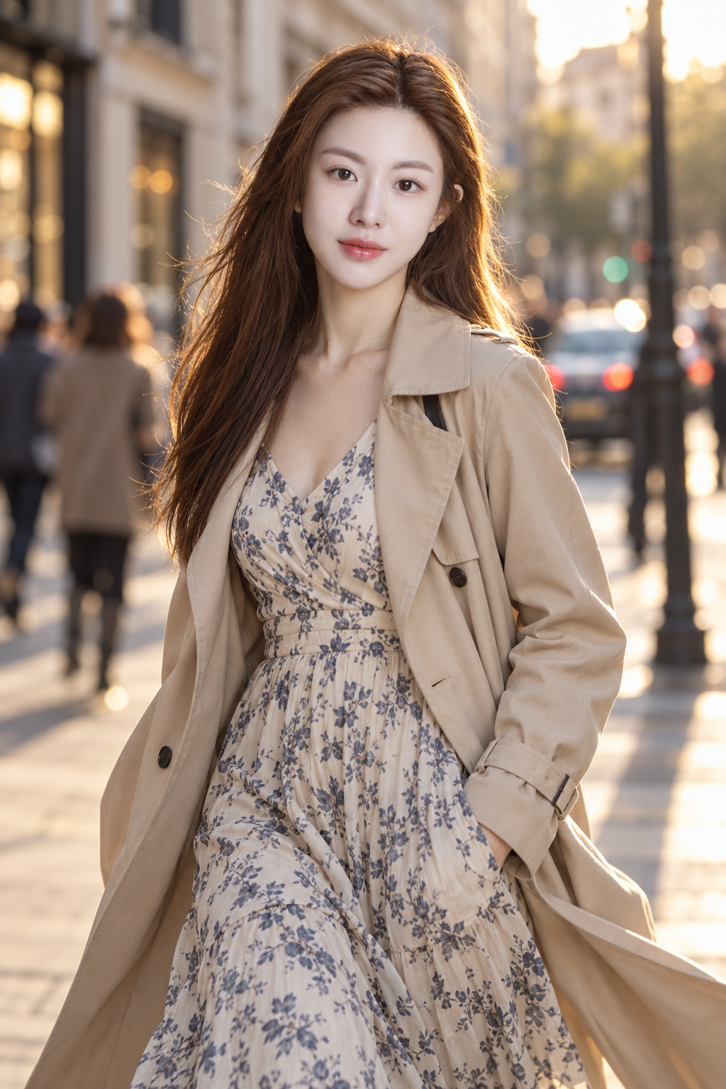 골든 아워 도시 거리를 걷는 성인 여성의 패션 포트레이트