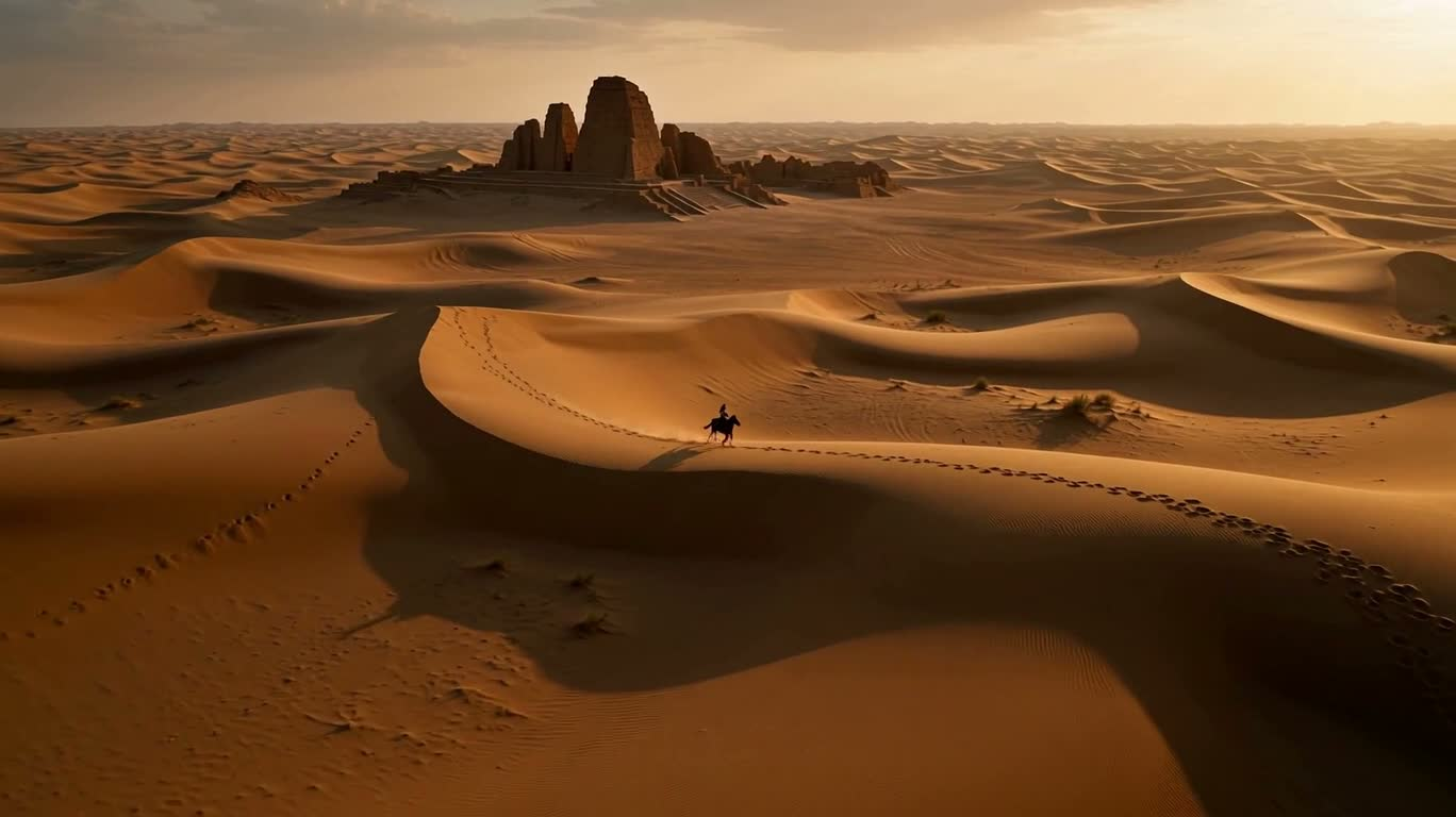 Chevalier intrépide dans la mer de sable au coucher du soleil
