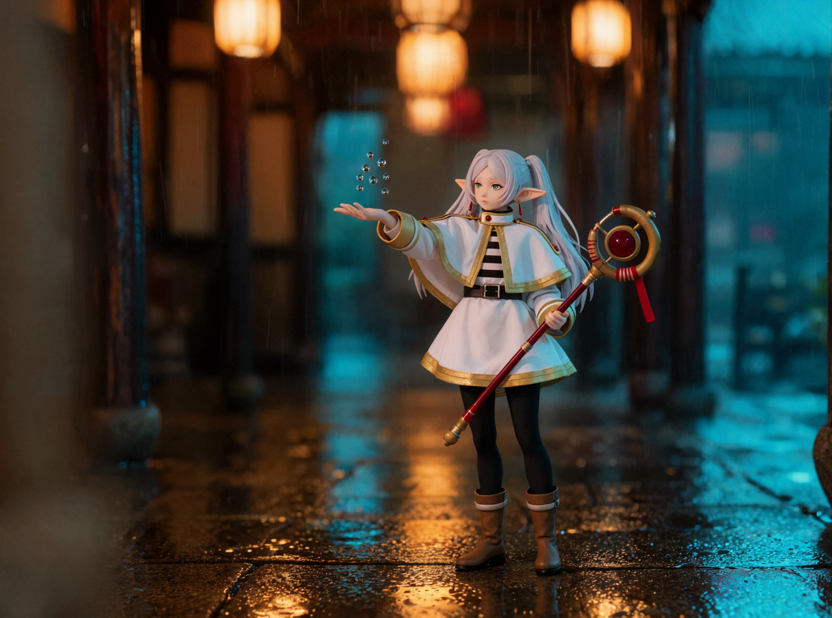Frieren · Gouttes de pluie suspendues · Nuit de pluie néon