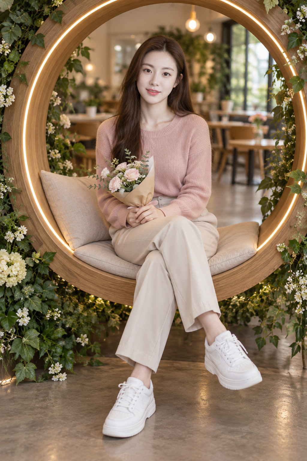 暖かな光と円形フレームの超写実的で清新なライフスタイルポートレート