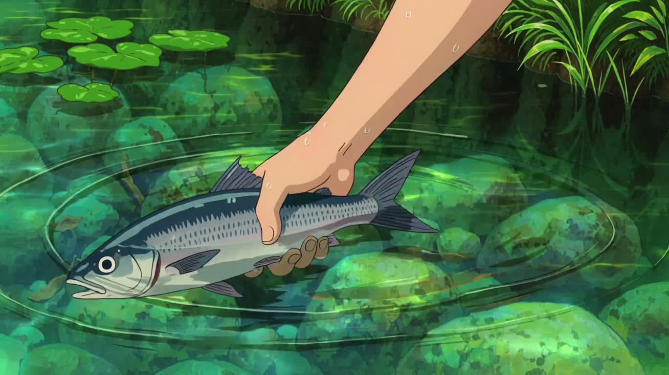 渓流の林で魚を煮る — AI video creation