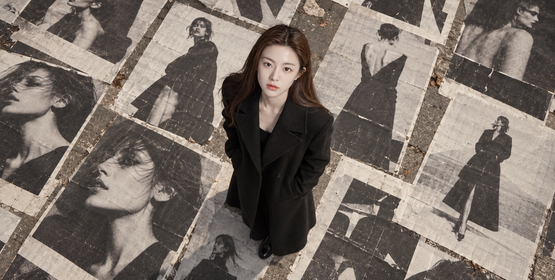 바닥에 누운 성인 여성의 흑백 패션 광고 초상