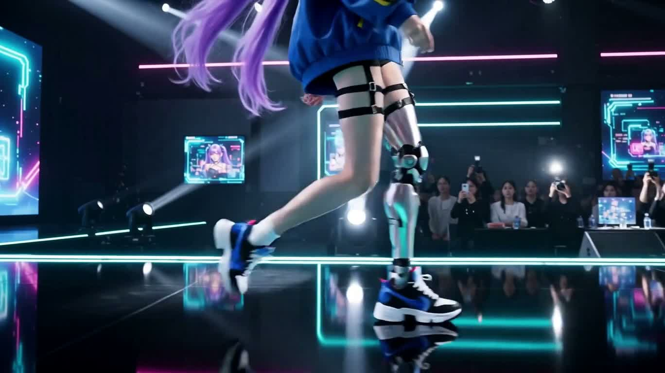 Sàn diễn cyber neon: ánh nhìn cuối của thiếu nữ máy tóc tím