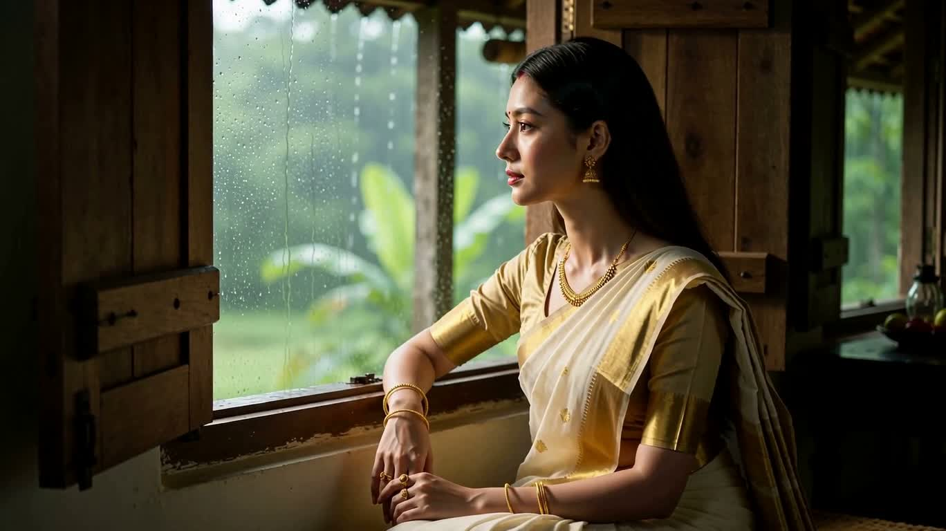 Jeune fille du Kerala à la fenêtre sous la pluie