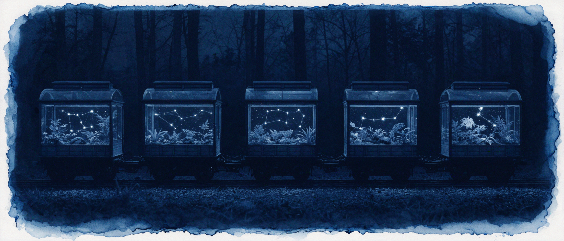 Firefly Train · Cyanotype Art — AI image creation