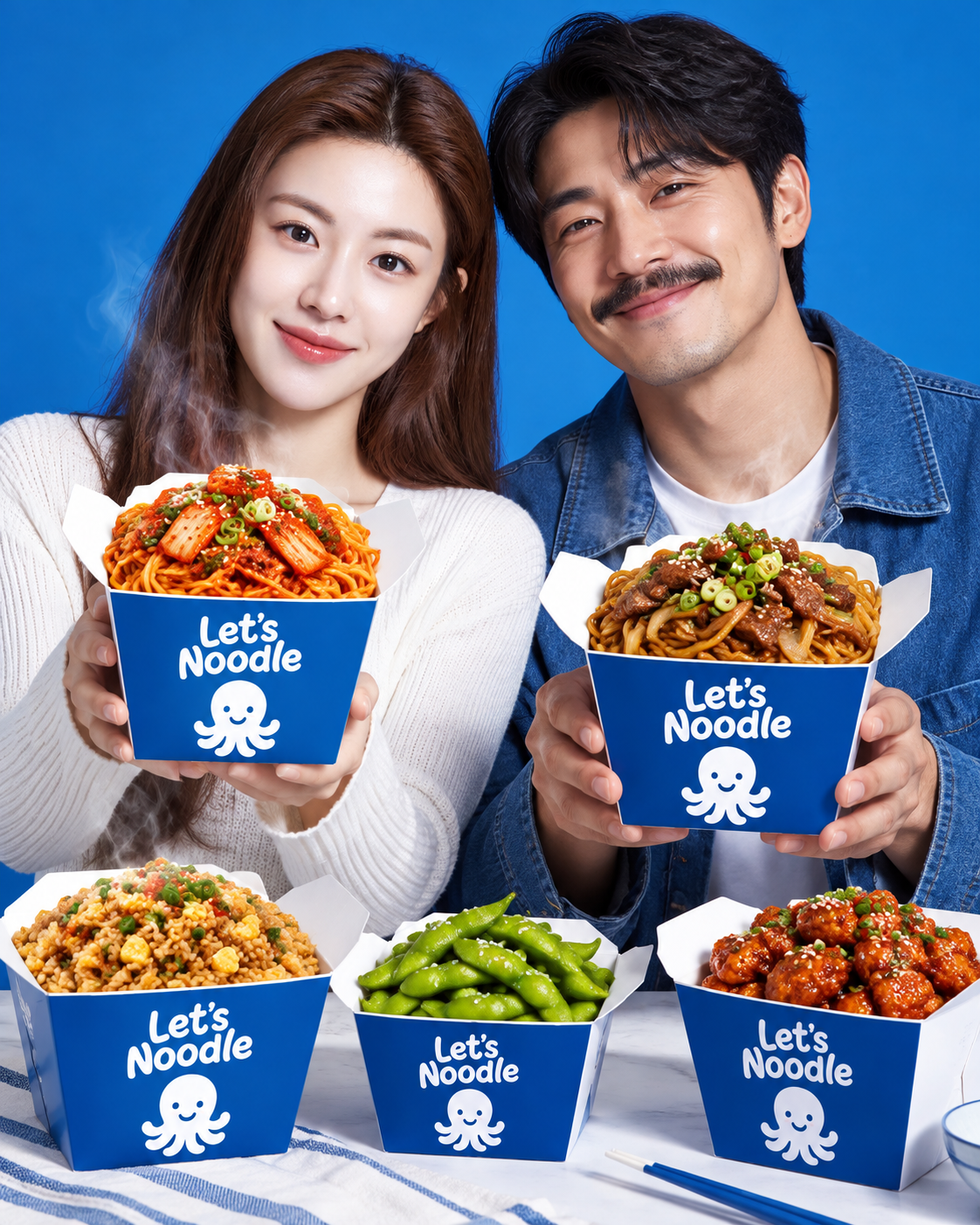 파란 상자 김이 나는 면 요리 두 사람 음식 광고