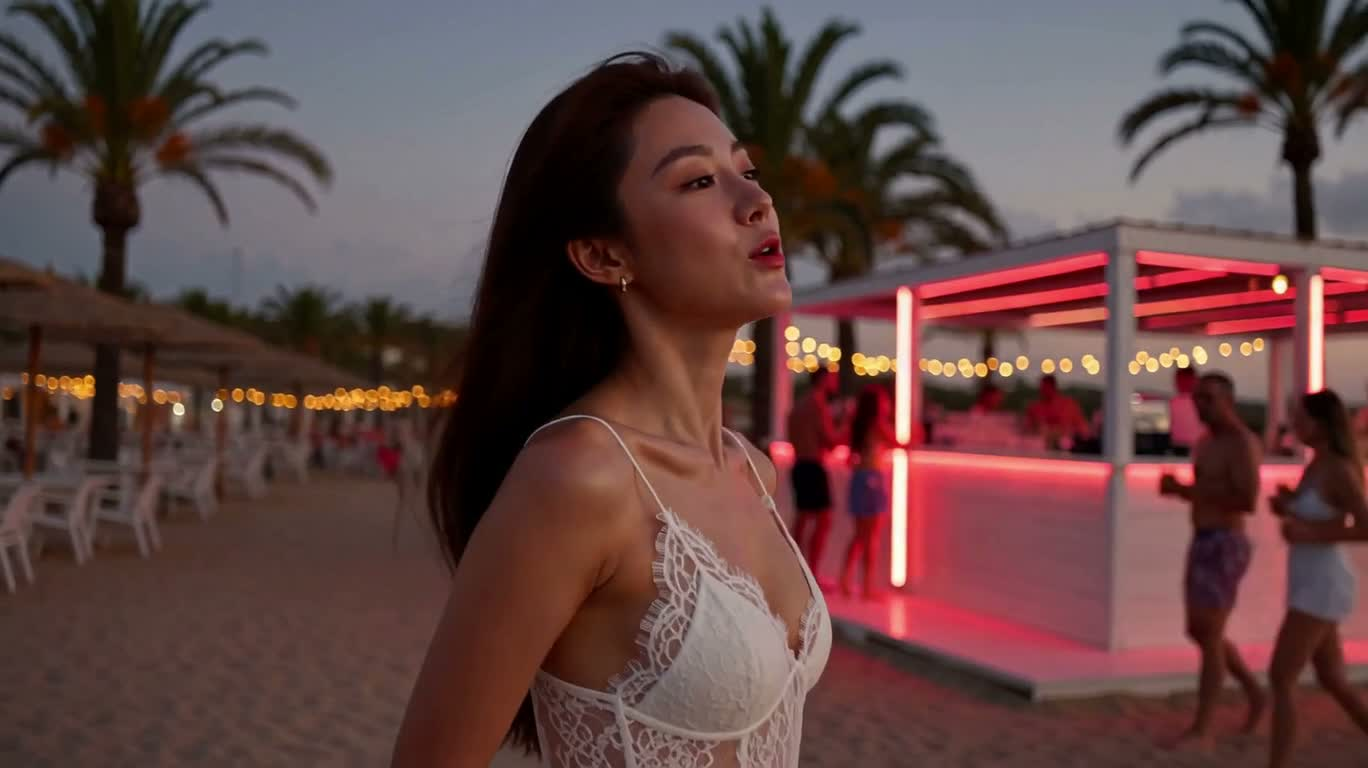 伊维萨暮色海滩酒吧的霓虹遐想 — AI video creation