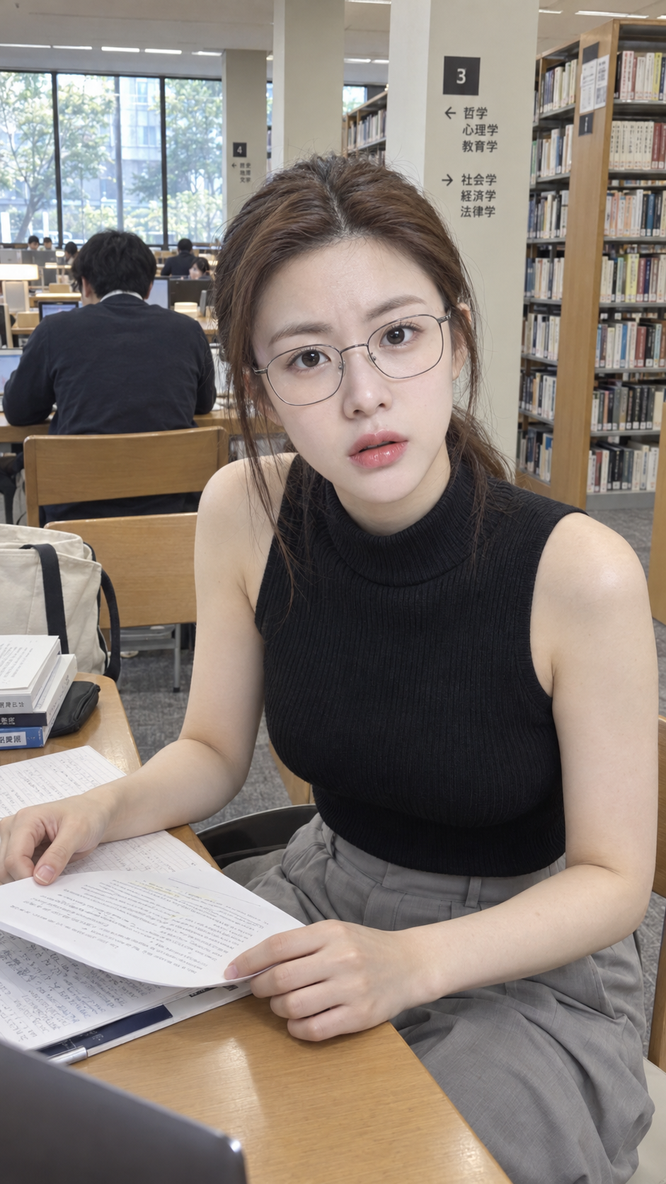 대학 도서관에서 자연스럽게 질문하는 일본 여성