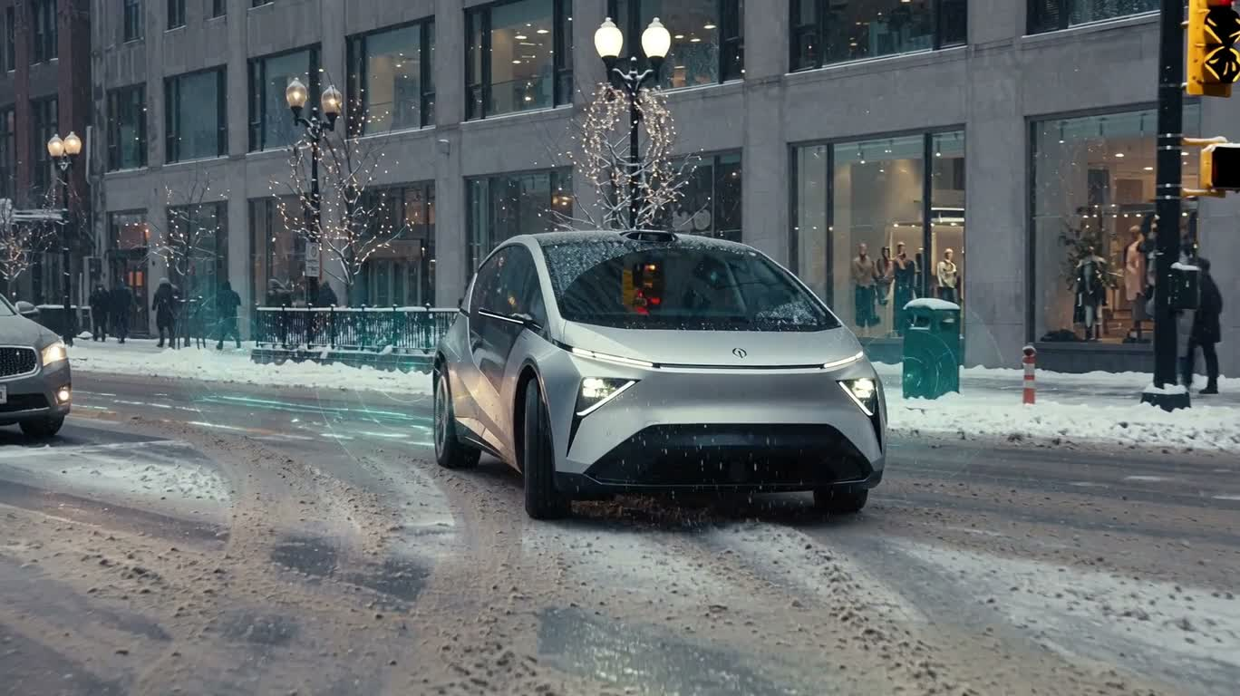 吹雪の中の自動運転 — AI video creation