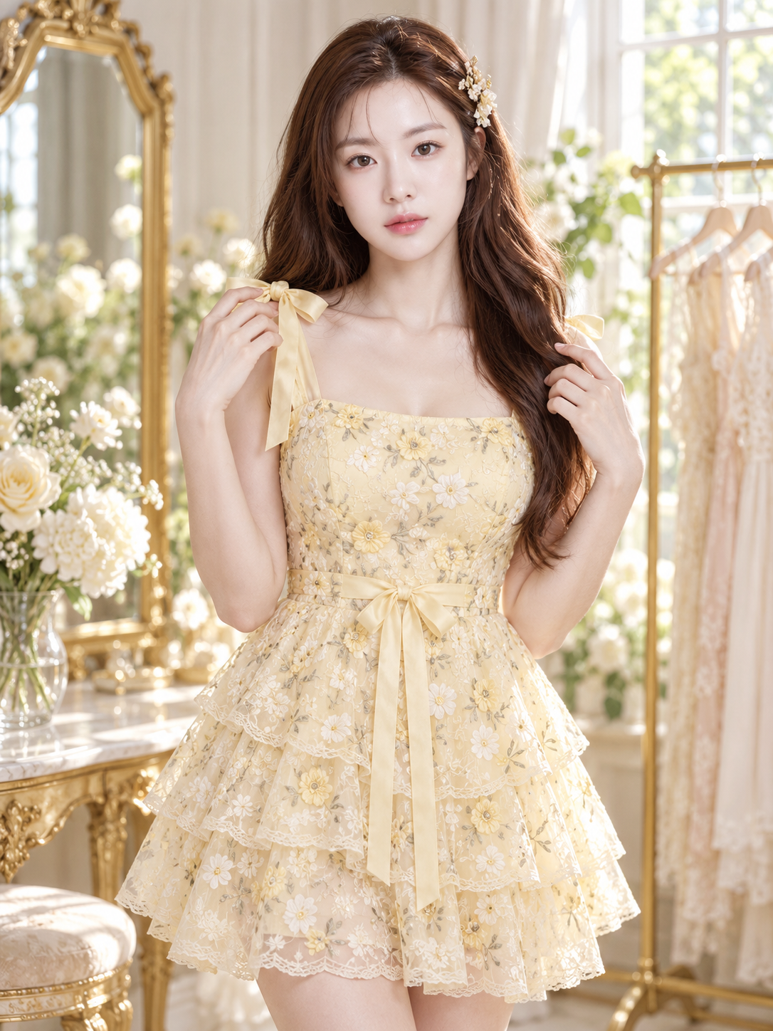 연한 노란색 꽃 레이스 드레스 초상화