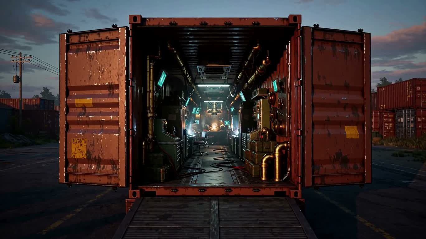 集装箱里的赛博朋克微型机坊 — AI video creation