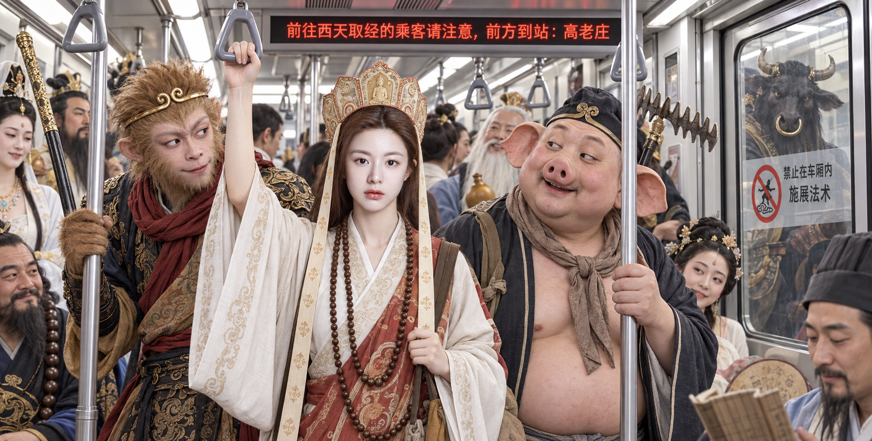 西游神话人物乘坐北京地铁 — AI image creation