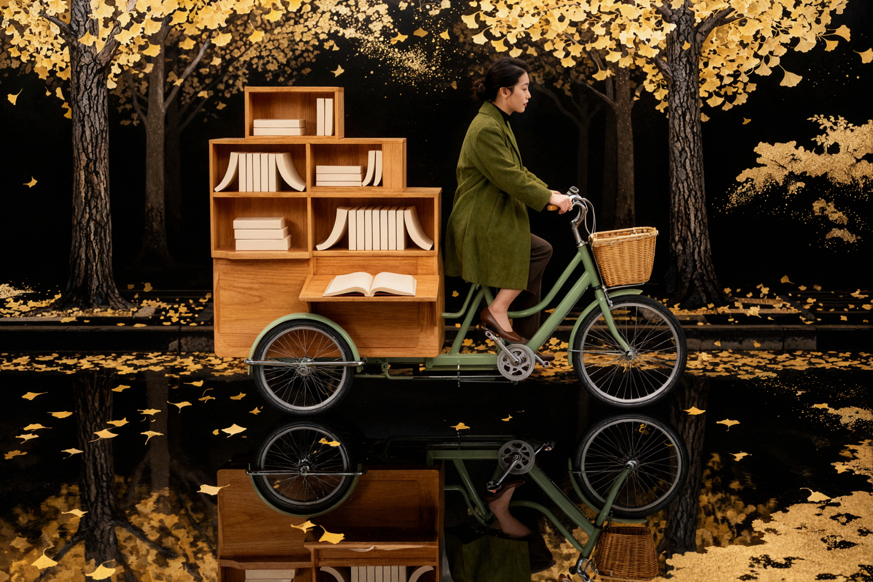 Осенний велосипед с книгами · Чёрно-золотое лаковое искусство — AI image creation