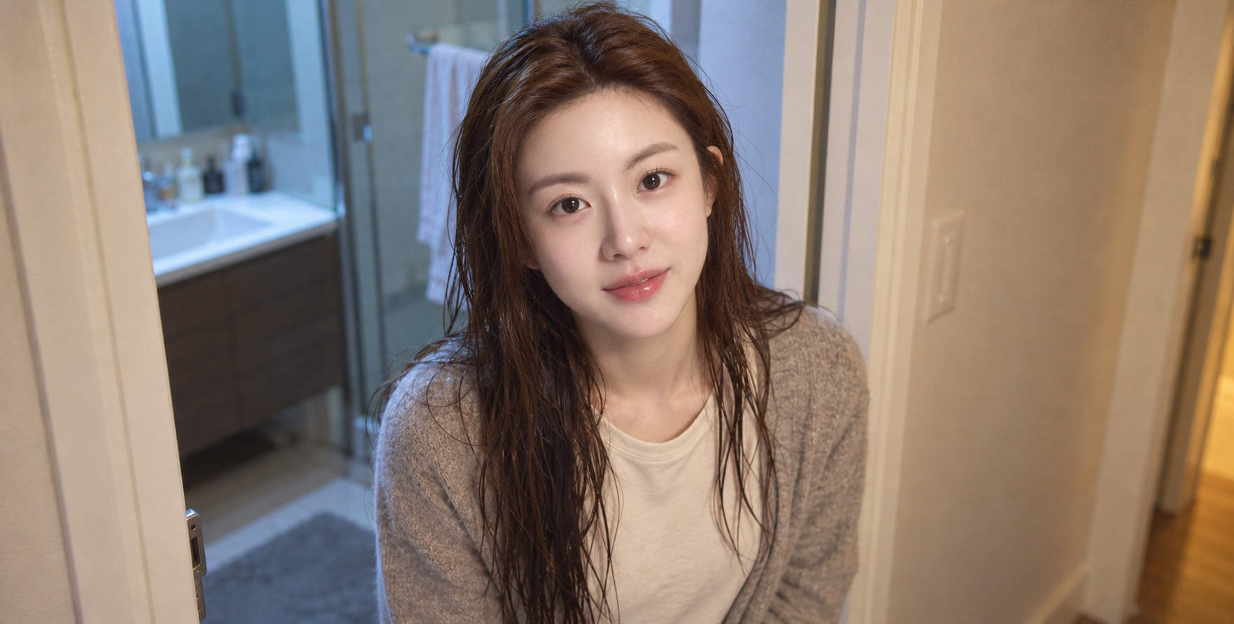 Portrait CCD à flou doux d'une femme adulte à la porte de la salle de bain après son shampooing — AI image creation