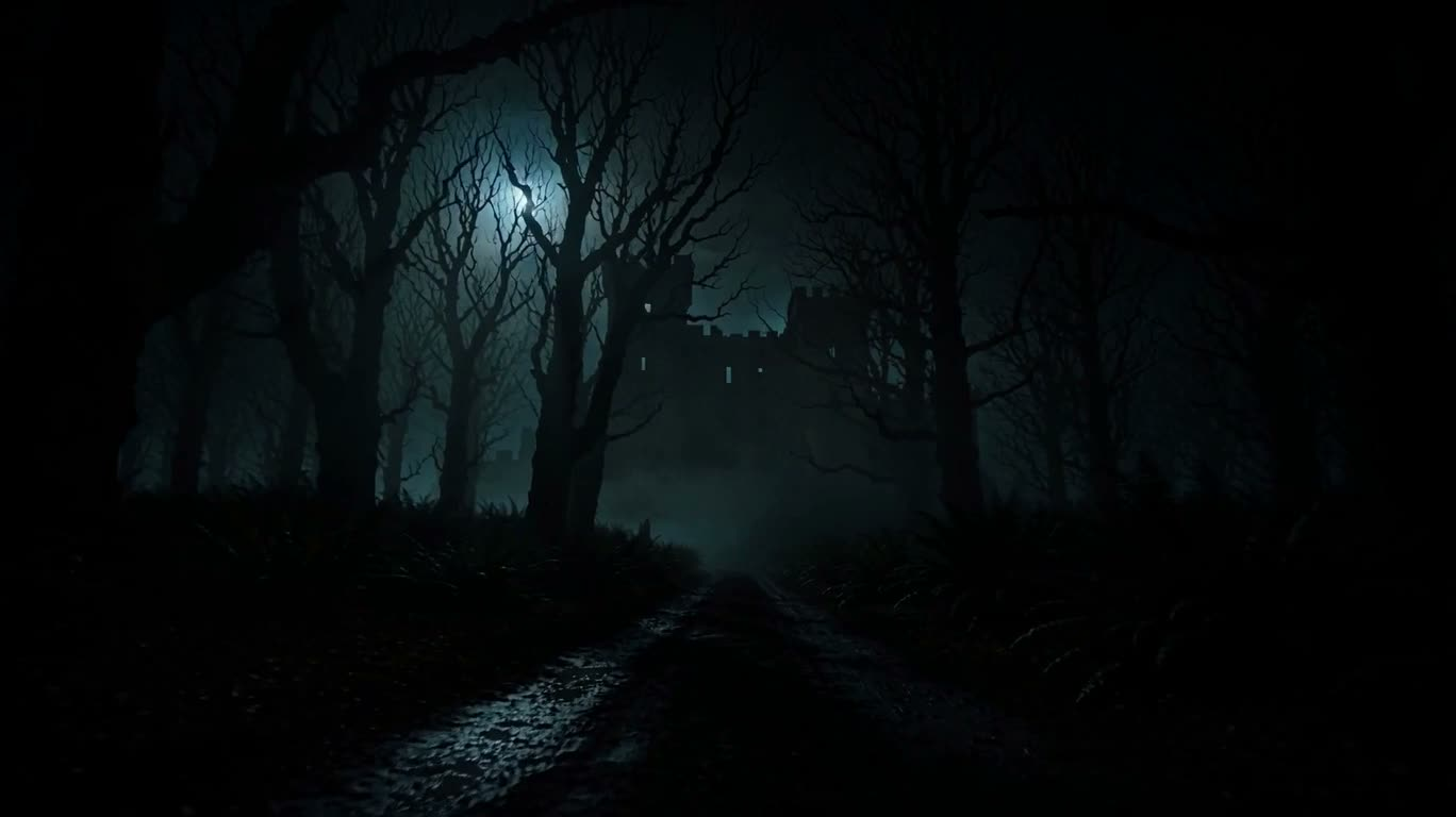 Misty Night in the Ancient Castle Forest
