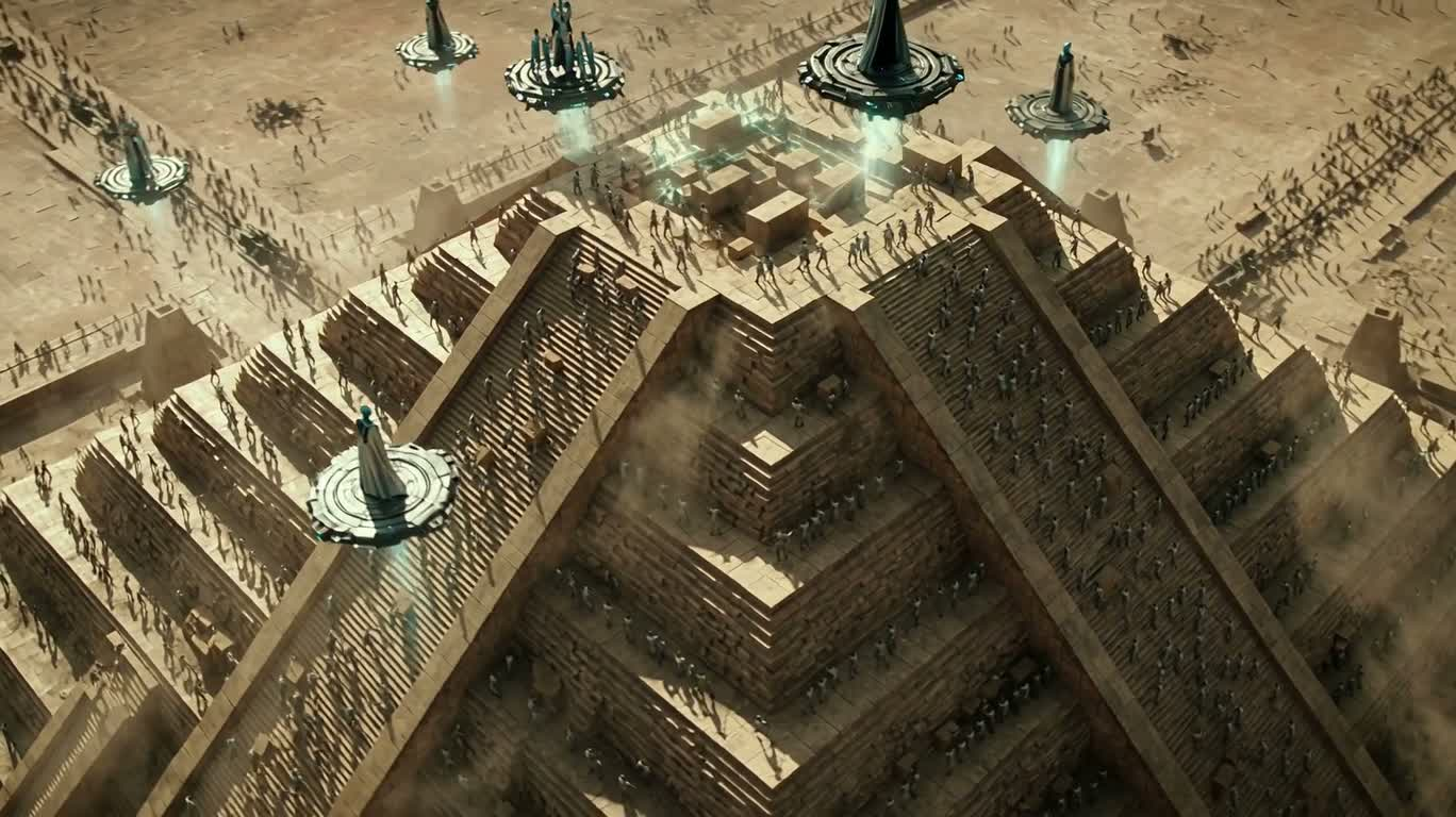 Alien Overseers Build a Glowing Pyramid