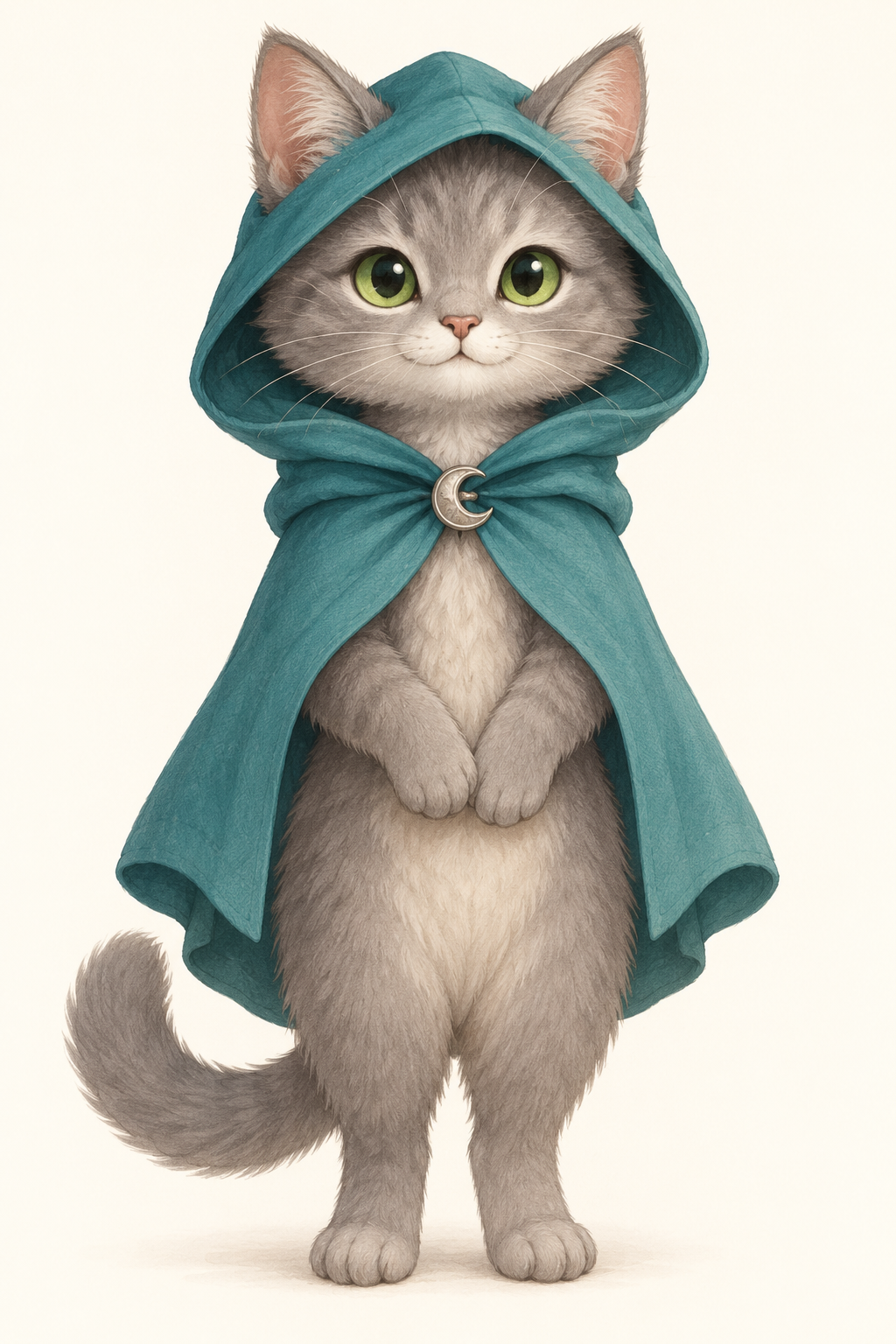 Chat gris aux yeux verts en cape : design de personnage pour album illustré