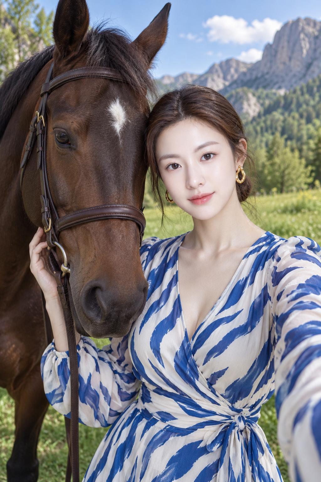 햇살 가득한 들판의 성인 여성과 갈색 말 라이프스타일 초상