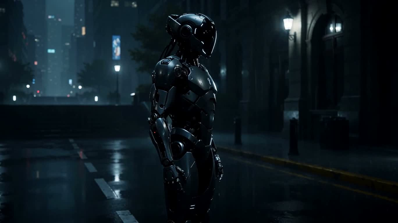 Robot humanoïde noir dans une ville sous la pluie