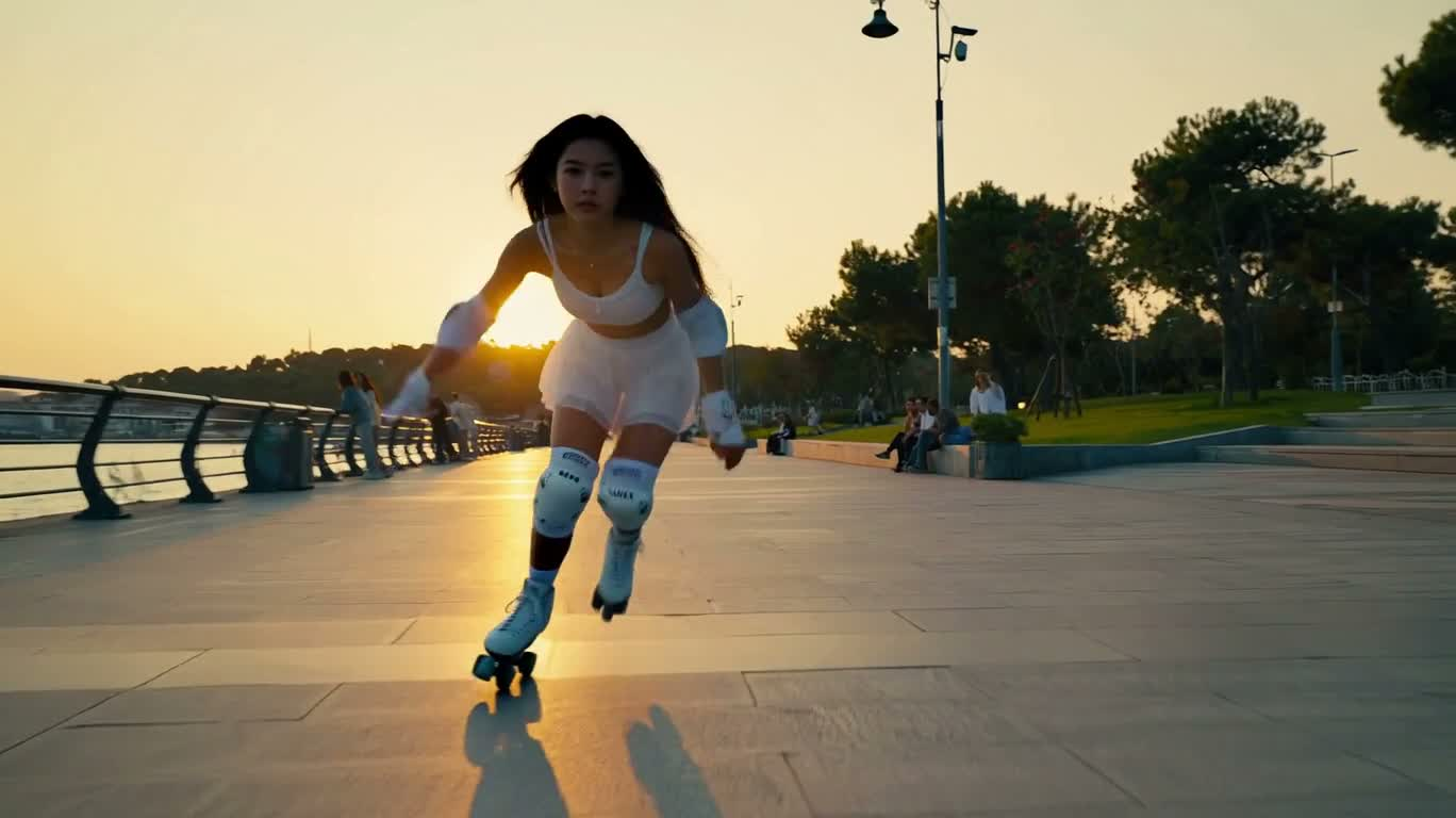 Course de roller au bord de mer au coucher du soleil
