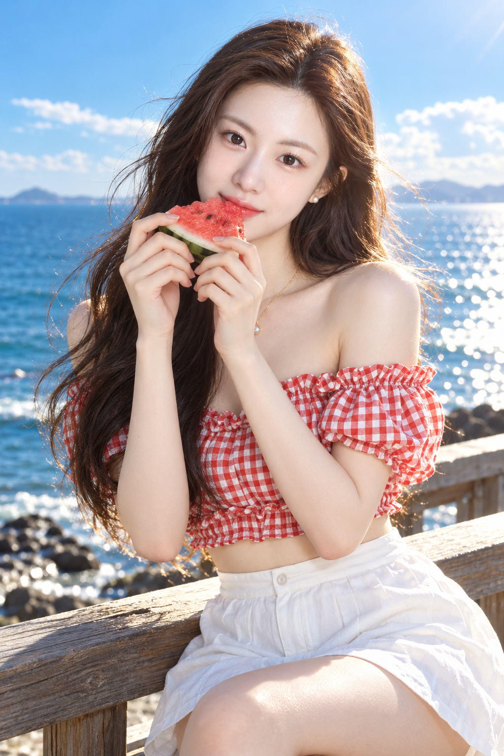 해변에서 수박과 함께한 동아시아 젊은 여성의 여름 패션 포트레이트