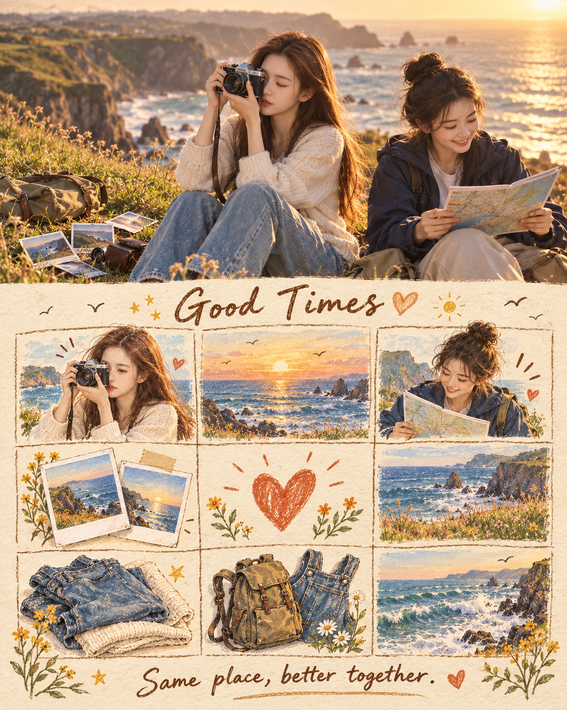 海岸悬崖上的怀旧旅行剪贴簿