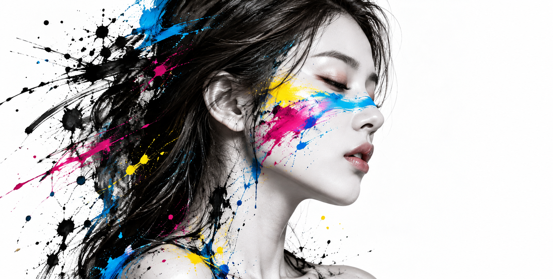 彩色泼墨融入黑白侧脸的混合媒材肖像 — AI image creation