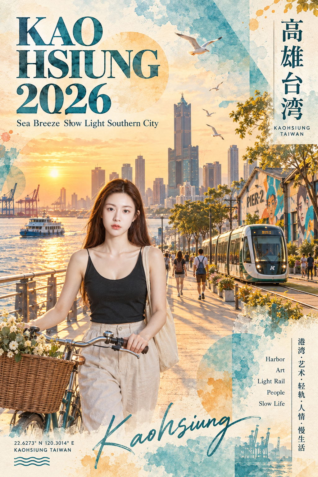高雄日落海滨水彩拼贴旅行海报