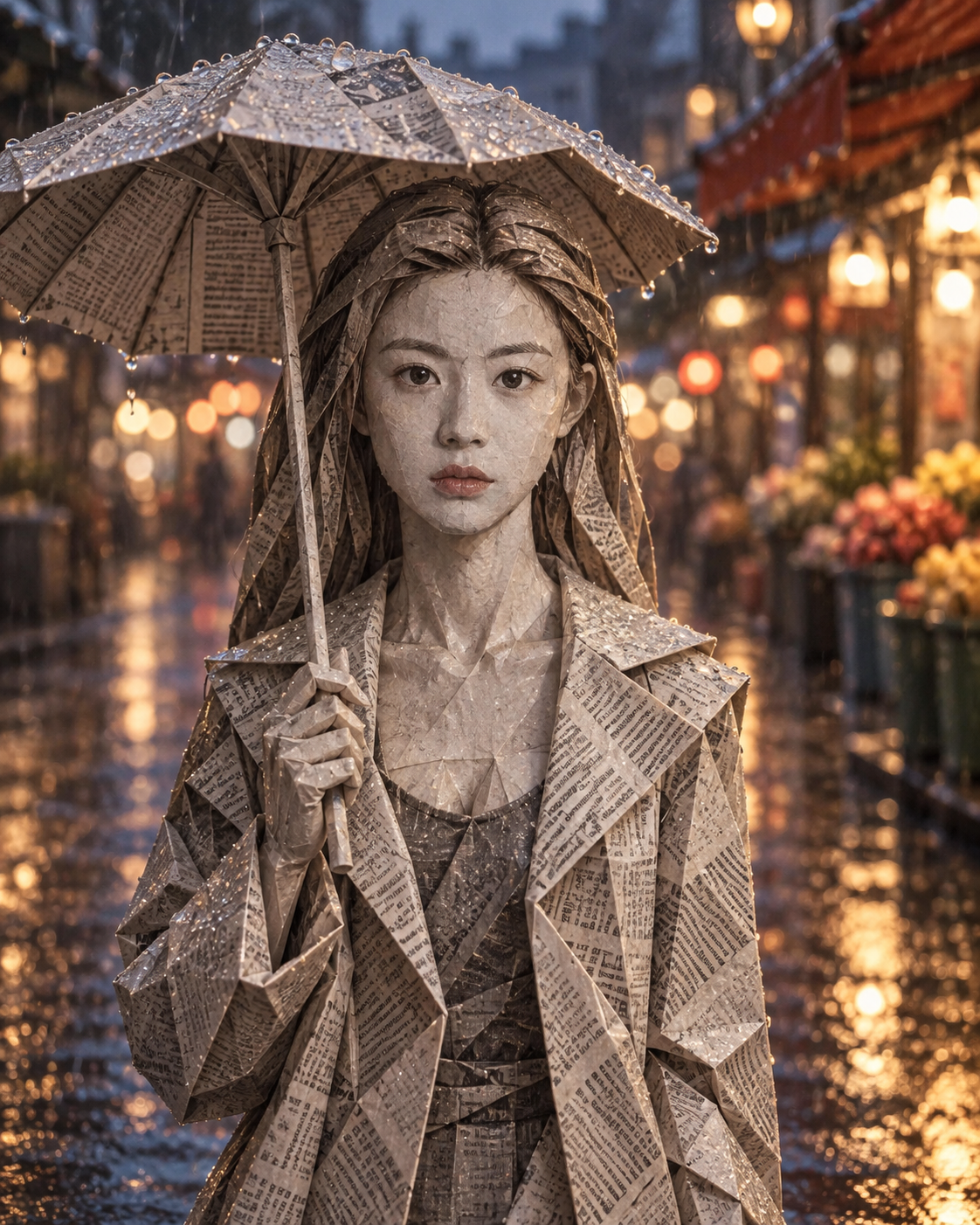 雨夜集市街头的报纸折纸女性雕塑
