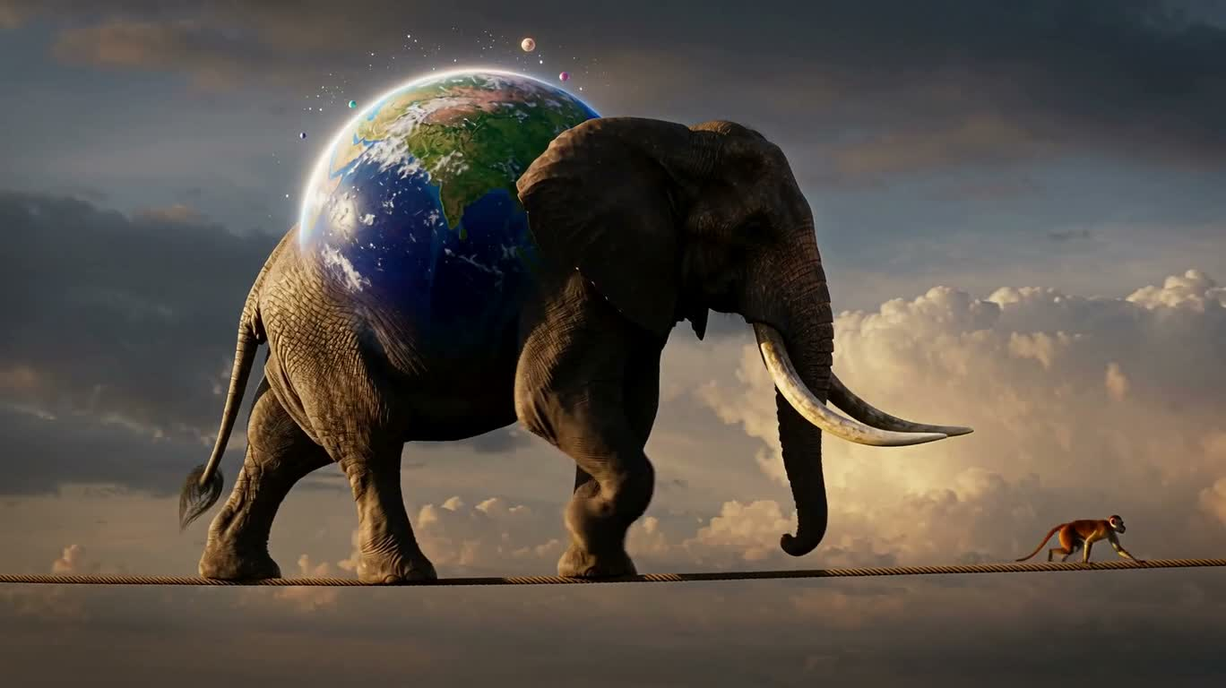 Un éléphant portant le monde sur un fil