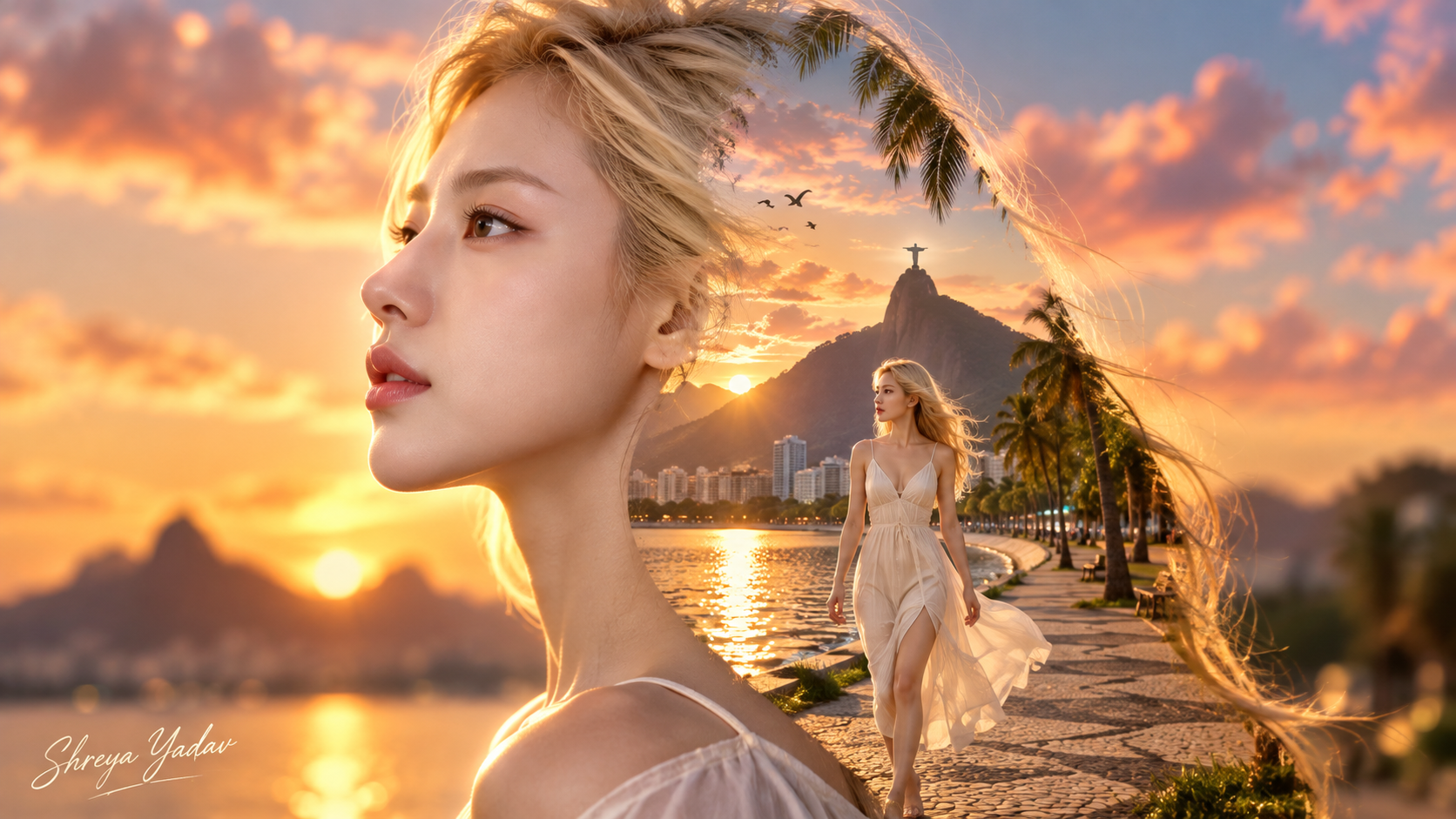 金发女性侧影中的里约夏日双重曝光 — AI image creation