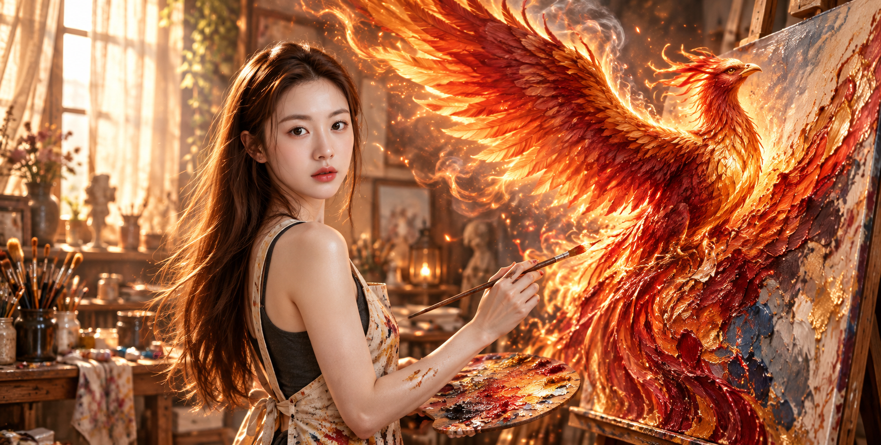 画室成年女性与画布升起的魔法火鸟 — AI image creation