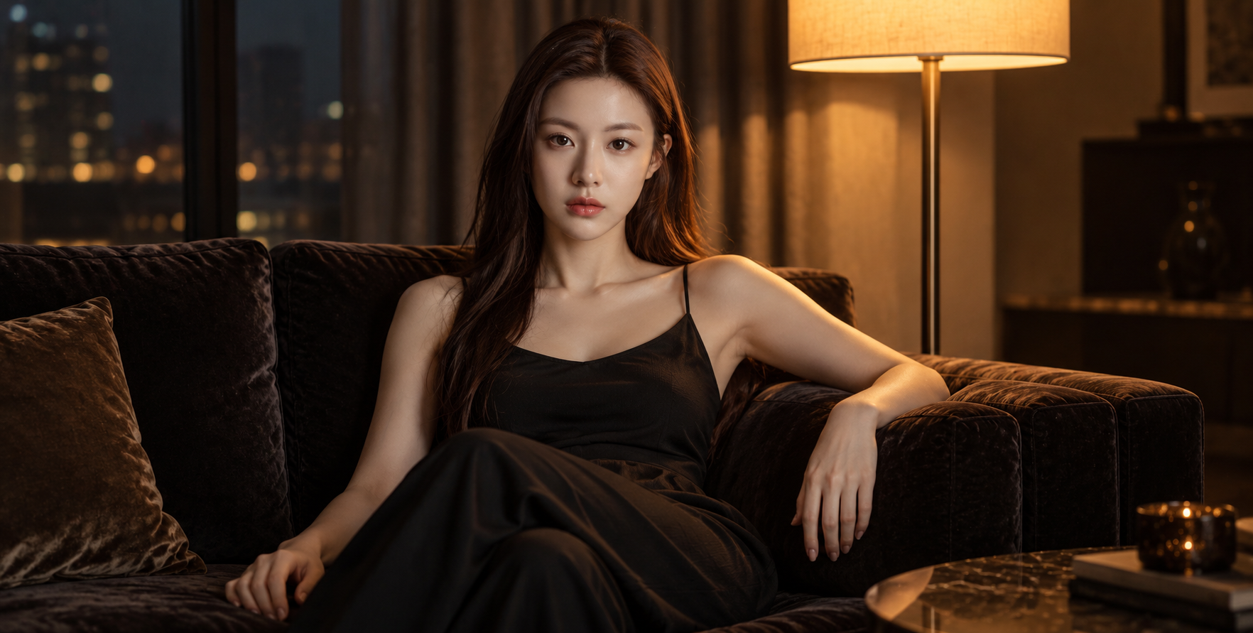 深色丝绒沙发上的静谧夜色人像